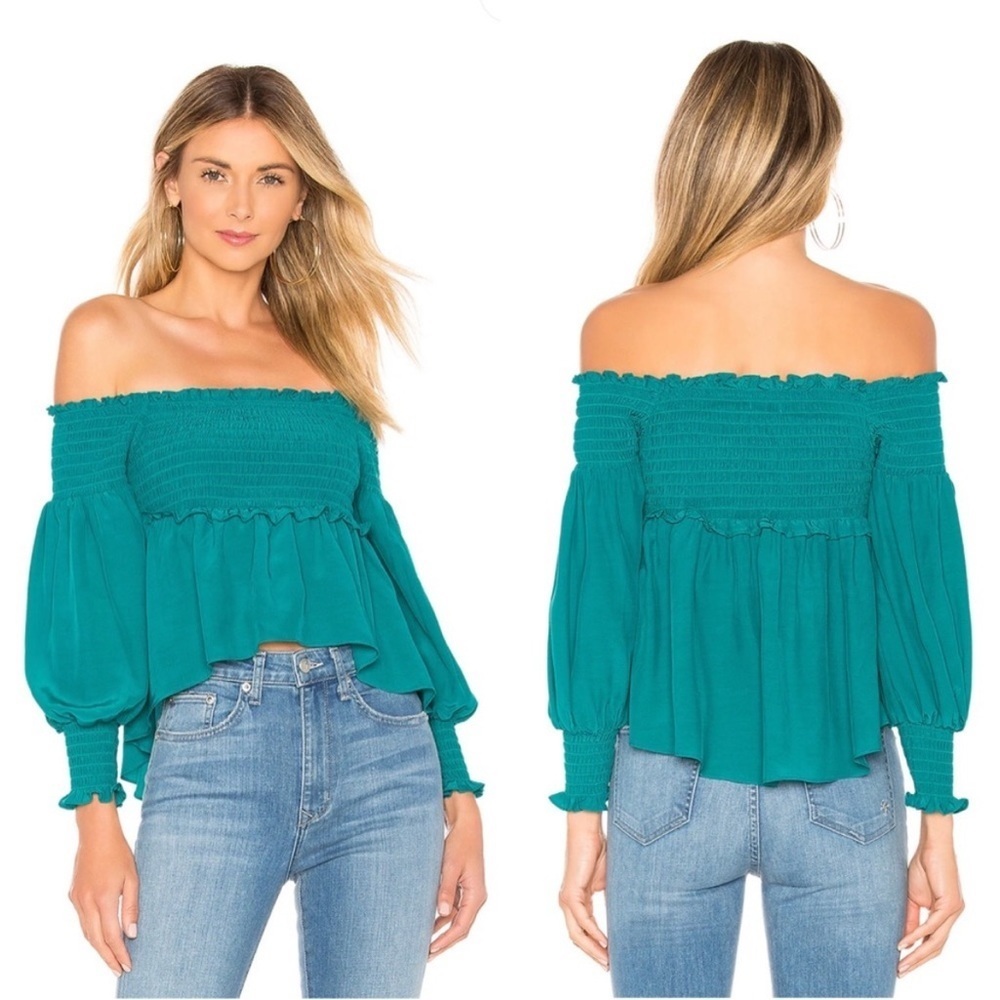 For Love & Lemons × Revolve Off The Shoulder Smocked Blouse in Emerald Size S